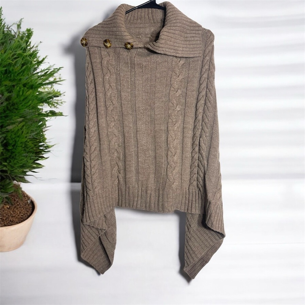 Elegant Button Cowl Neck Cable Knit Sweater Shawl - Tan Brown One Size